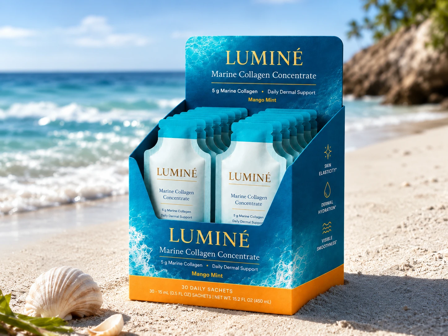 Luminé Marine Collagen Concentrate Mango Mint display on the beach