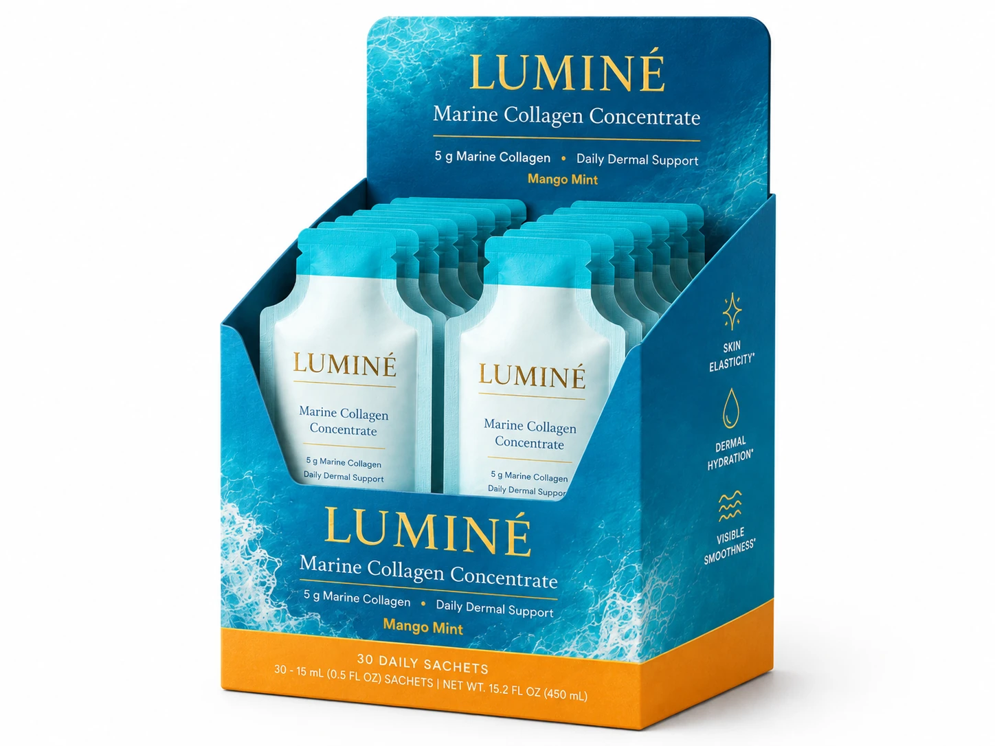 Luminé Marine Collagen Concentrate Mango Mint retail display with 30 daily sachets
