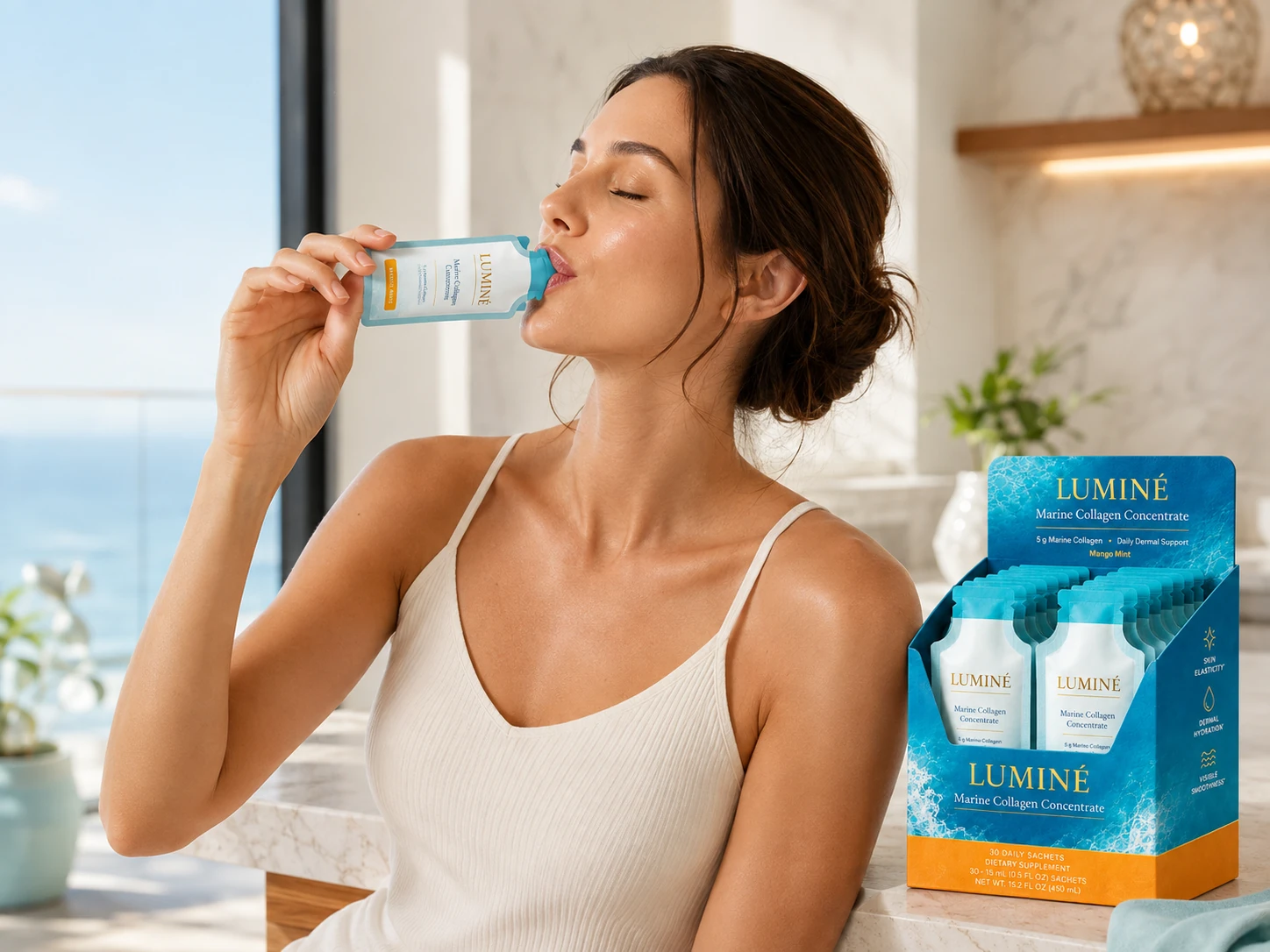 Woman enjoying a Luminé Marine Collagen Concentrate Mango Mint sachet