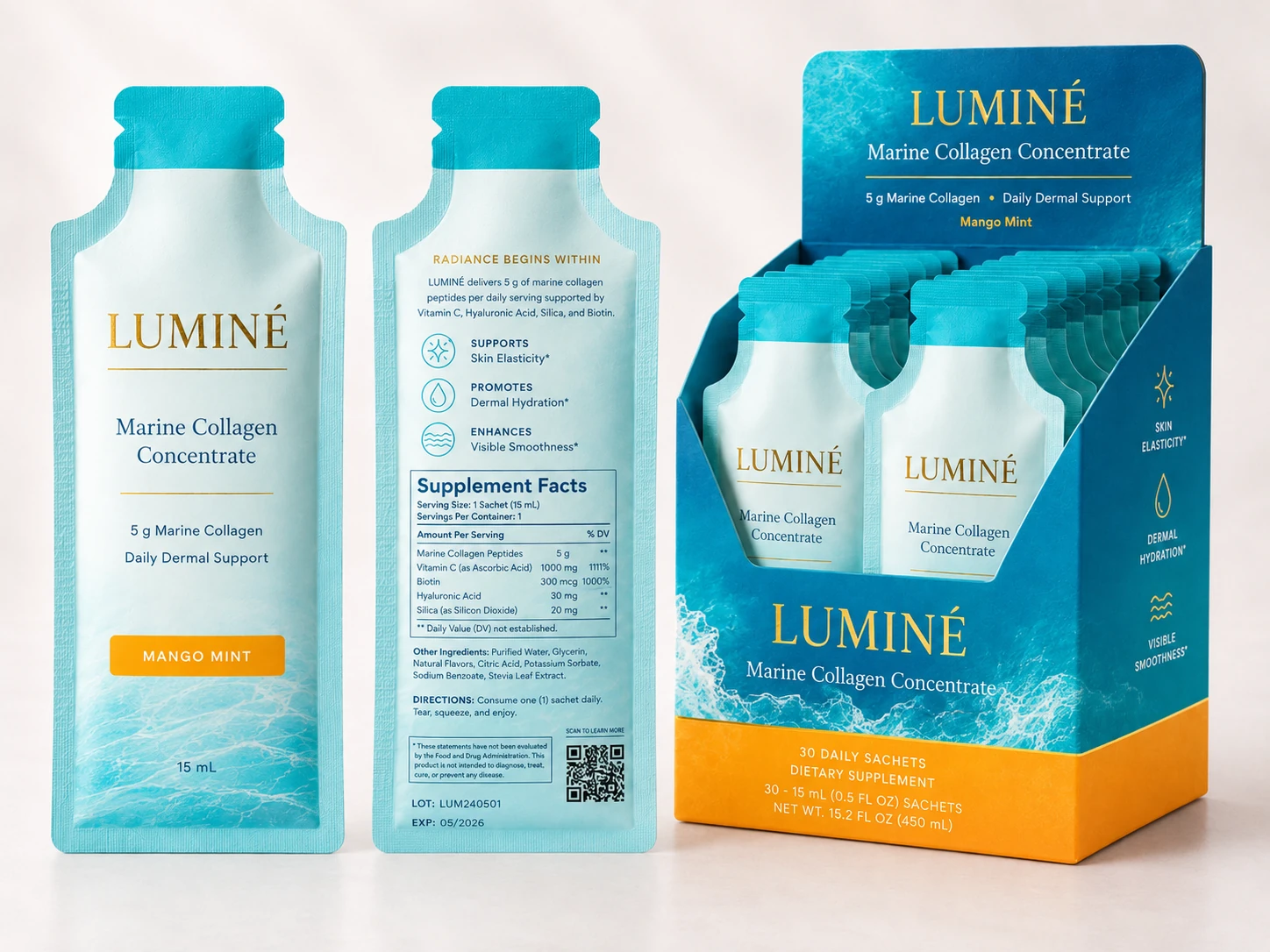 Luminé Marine Collagen Concentrate sachet front, back, and display box overview