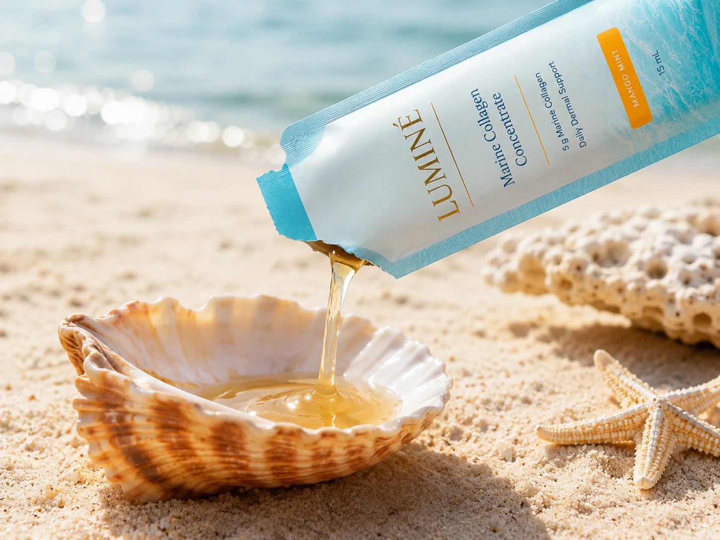 Luminé Marine Collagen Concentrate being poured into a shell on the beach