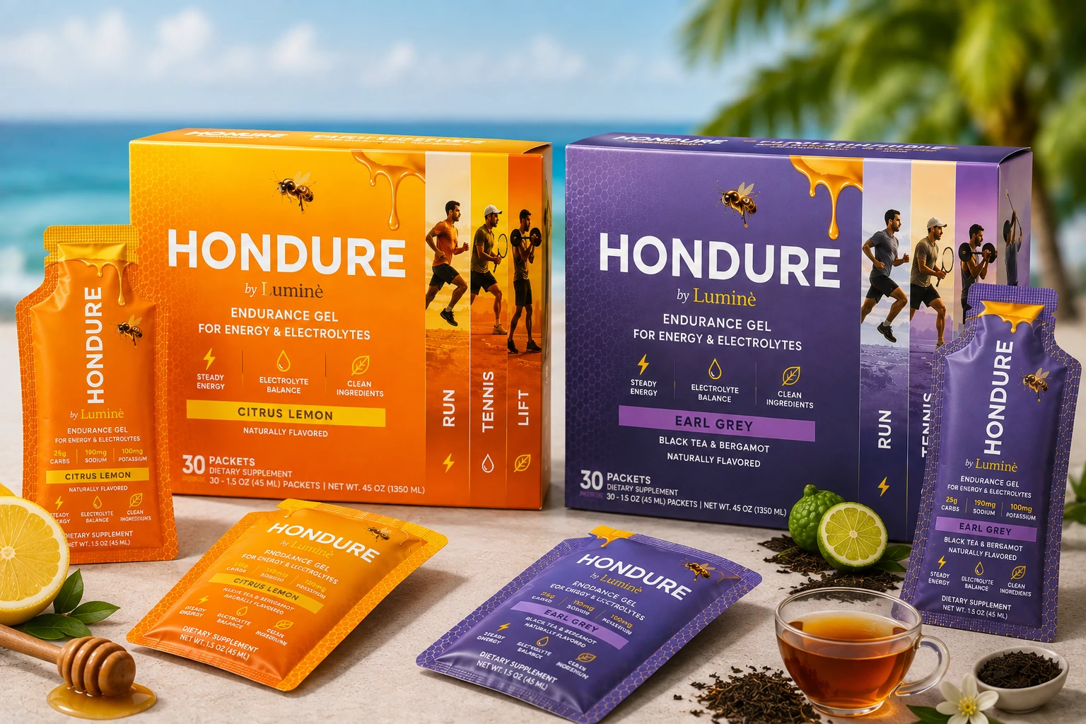 HONDURE endurance gel collection featuring Citrus Lemon and Earl Grey