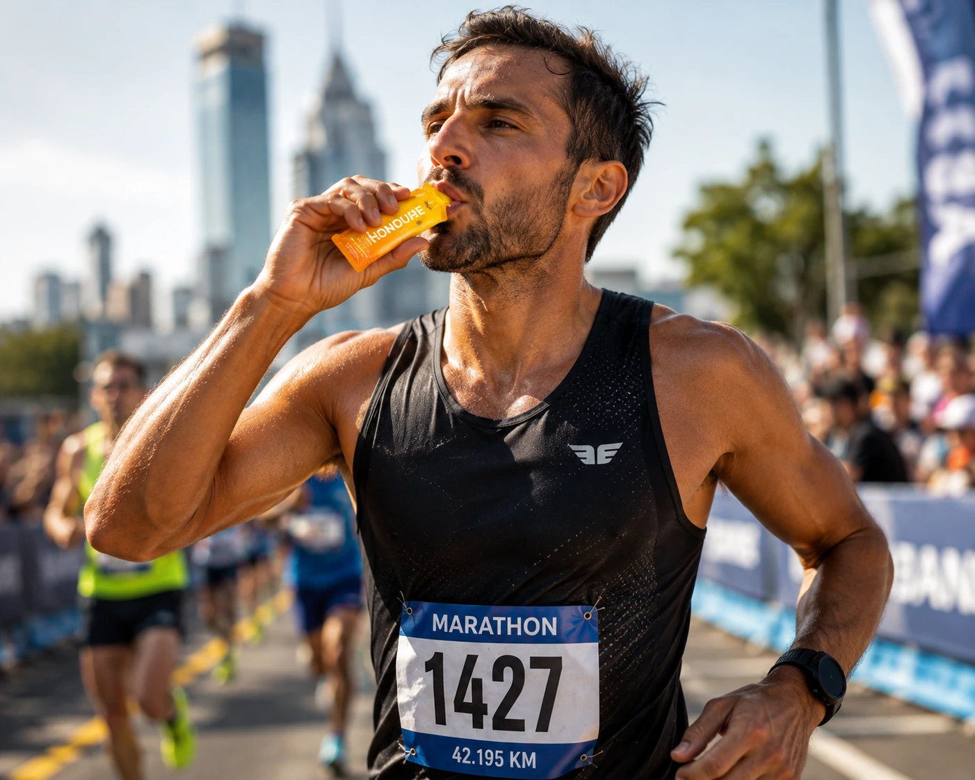 Marathon runner drinking HONDURE Citrus Lemon during a race