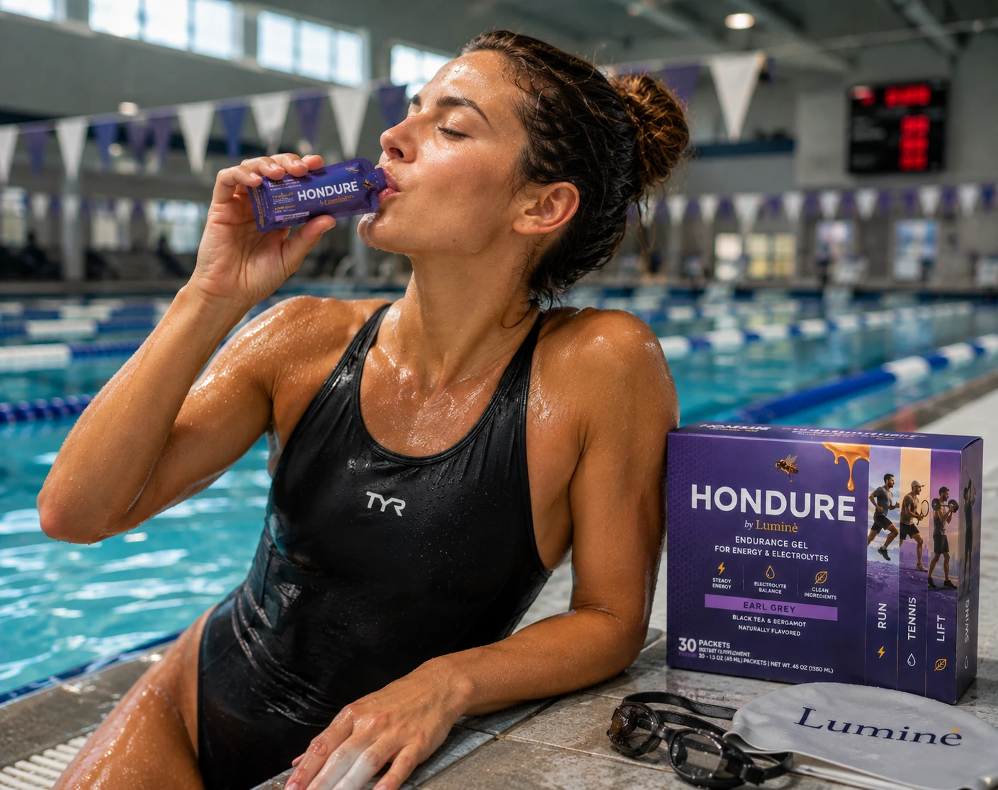 Swimmer drinking HONDURE Earl Grey by the lap pool