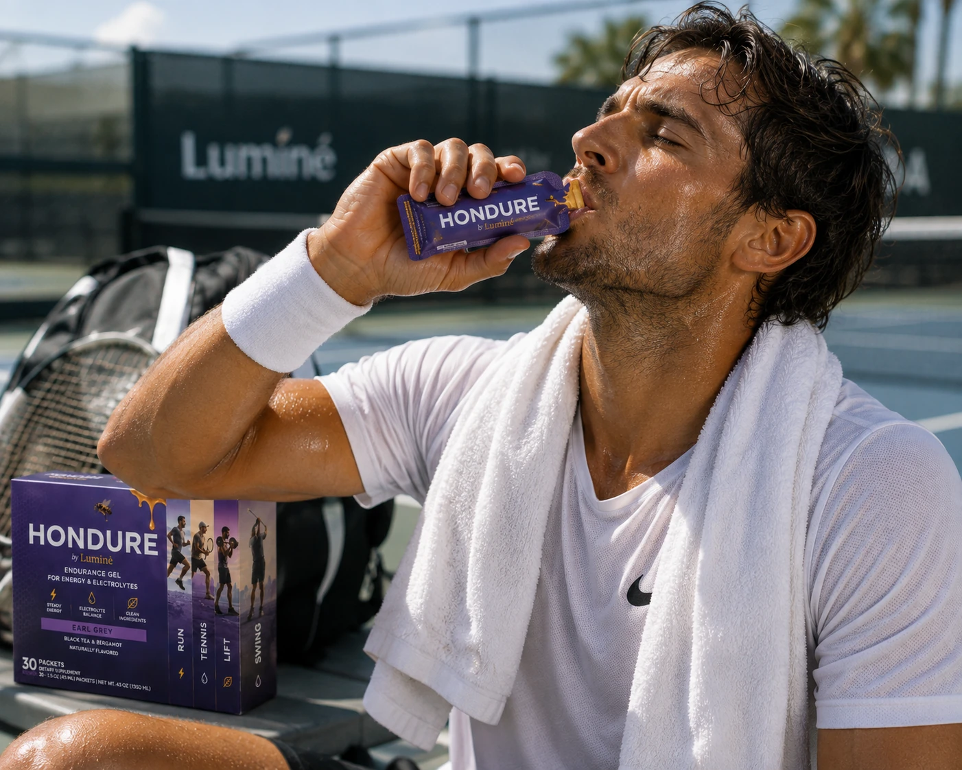 Tennis player drinking HONDURE Earl Grey after a match