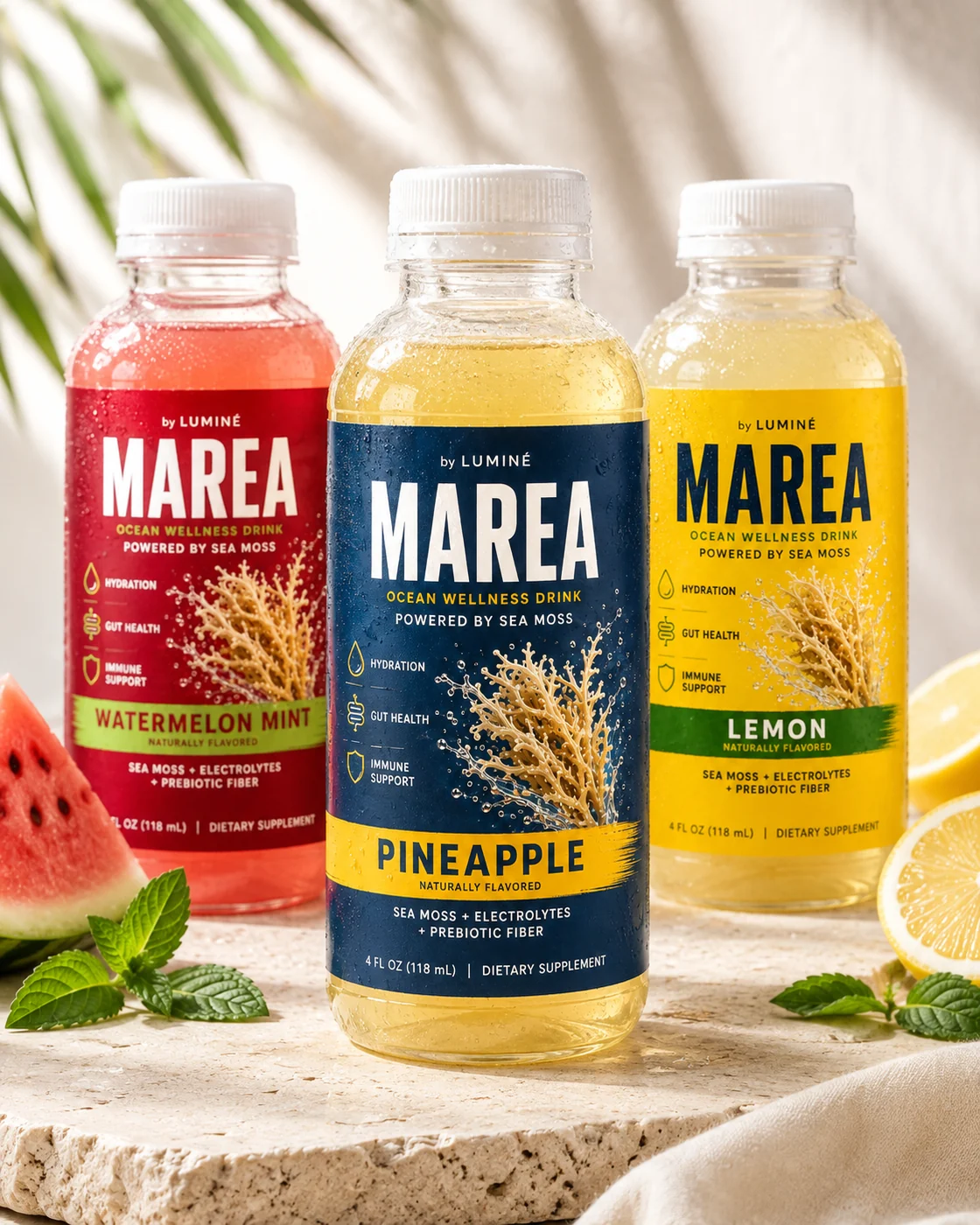 MAREA Pineapple, Watermelon Mint, and Lemon sea moss drink concepts